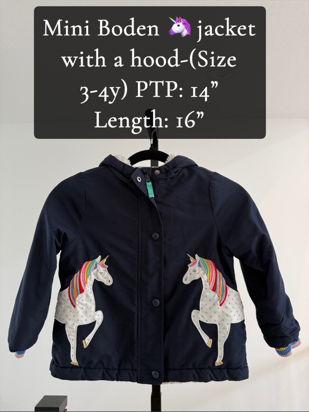 Mini Boden Navy Hooded Jacket with Rainbow Unicorns